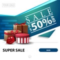 Sale, up to 50% off, white and blue square discount banner for website with gifts