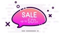 Sale up to 50 percent off. Promo poster with pink speech bubble.