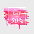 Sale up to 50 percent off sign over art brush watercolor stroke paint abstract texture background vector illustration. Royalty Free Stock Photo