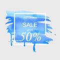 Sale up to 50 percent off sign over art brush watercolor stroke paint abstract texture background vector illustration. Royalty Free Stock Photo