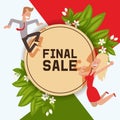 Sale vector happy woman man character selling clothes and fashion shop offer discount illustration backdrop of clolthing