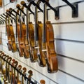 Sale of violins in the store of stringed musical instruments, close-up