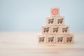 Sale volume increase make, business success grow wood cube with icon shopping cart and target goal. Goal setting idea to increase