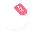 Sale volumetric 3d tag on wire. Pink sticker with product advertisement and plastic fasteners