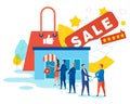 Sale in Webstore and Long Customer Queue Cartoon