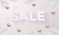 Sale white poster banner golden luxury Christmas balls Royalty Free Stock Photo