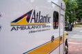 Salem, MA USA - June 12, 2022 - Atlantic Ambulance Service waits for a call in downtown Salem.