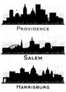 Salem Oregon, Harrisburg Pennsylvania and Providence Rhode Island City Skyline Silhouette Set Royalty Free Stock Photo