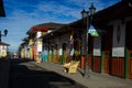 SALENTO, COLOMBIA - JULY 2021. Beautiful street and facades of the houses of the small town of Salento located at the region of