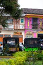 SALENTO, COLOMBIA - JULY 2021. Traditional Jeeps Willy parked at the main square of the beautiful small town of Filandia in