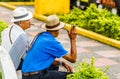 Salento, COLOMBIA, MARCH 23 2019: View on senior traditional colombian men park in Medellin, Colombia 2019