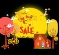 Sales autumn with background leaves falling and bicycle under the moonlight