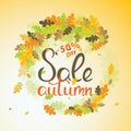 Sales banner with multicolor autumn leaves. Vector