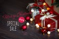 Sales on Christmas and New Year holidays. Festive decoration with informative inscription of 50 percent discount for Royalty Free Stock Photo