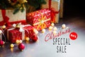 Sales on Christmas and New Year holidays. Festive decoration with informative inscription of 50 percent discount for Royalty Free Stock Photo