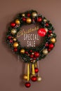 Sales on Christmas and New Year holidays. Festive decoration with informative inscription of 30 percent discount for Royalty Free Stock Photo