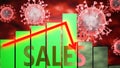 Sales, Covid-19 virus and economic crisis, symbolized by graph with word Sales going down to picture that coronavirus affects