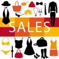 Sales event. Clothing poster. Warm colors.