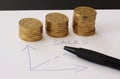 Sales and financial business graph - hand drawn with ball pen on white paper and piles of golden money coins showing profits and g Royalty Free Stock Photo