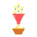 Sales funnel concept. The bulbs fall into the funnel and money is obtained. Finance, ideas and business concept. Vector.