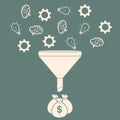 Sales Funnel Converting Ideas into Money Flat Style Concept. Vector Illustration of Data Tunnel and Creative Process.