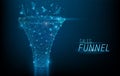 Sales funnel designed in 3D polygonal style,consisting of points, lines, and shapes on dark blue background. Vector big