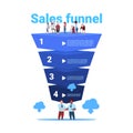 Sales funnel with mix race old people full length cloud synchronization stages business infographic. purchase diagram Royalty Free Stock Photo