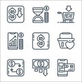 sales line icons. linear set. quality vector line set such as online payment, low price, exchange, favourite, dollar, sales, add