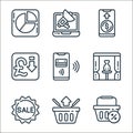 sales line icons. linear set. quality vector line set such as sale, remove from cart, sale, vase, contactless, decrease, increase Royalty Free Stock Photo