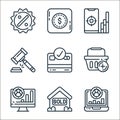 sales line icons. linear set. quality vector line set such as targeted marketing, sold, targeted marketing, add to basket, cit