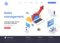 Sales management isometric landing page. Developing sales force, coordinating sales operations and data analysis