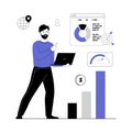 Sales performance concept. Man analyzing growth charts and graphs. Increase sales and skills. Finance report. Vector illustration