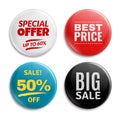 Sales pin badges. Circled badging button, 3d glossy price tag. Big sale, best price and special offer badge vector set Royalty Free Stock Photo