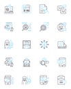 Sales pitching linear icons set. Persuasion, Convincing, Pitching, Closing, Negotiating, Nerking, Follow-up line vector