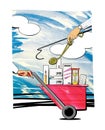 Sales plan - reward and punishment. Pharmacy. Medicines in a garden wheelbarrow. Illustration