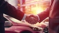 A sales representative shaking hands with an individual over a car, in the style of light crimson, poster, large canvas Royalty Free Stock Photo