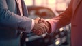 A sales representative shaking hands with an individual over a car, in the style of light crimson, poster, large canvas Royalty Free Stock Photo