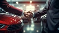 A sales representative shaking hands with an individual over a car, in the style of light crimson, poster, large canvas Royalty Free Stock Photo