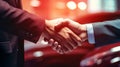 A sales representative shaking hands with an individual over a car, in the style of light crimson, poster, large canvas Royalty Free Stock Photo