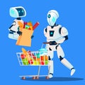 Sales, Robot Going With Large Shopping Bags With Goods In Hand Vector. Isolated Illustration
