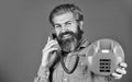 Sales script. Bearded man phone conversation. Retro phone. Outdated technology. Manager phone dialog communication. Call