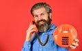 Sales script. Bearded man phone conversation. Retro phone. Outdated technology. Manager phone dialog communication. Call