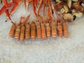 Sales stand of the fish market, king prawns, mussels and crustaceans are available on the ice for sale. Royalty Free Stock Photo