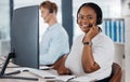 Sales, support and customer service call center consultant smiling while consulting with online clients in office