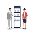 Salesman advertising smartphones flat vector illustration. Customer choosing mobile phone at promotional stand. Promoter