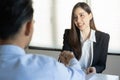 Salesman shaking hand with male customers in her office in the home trading agreement. Asian women and man smile happiness