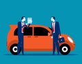 Salesman shows car insurance. Concept business vector illustration, Car, Agreement, Dealer or Agent