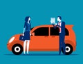 Salesman shows car insurance. Concept business vector illustration, Car, Agreement, Dealer or Agent