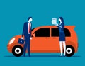 Salesman shows car insurance. Concept business vector illustration, Car, Agreement, Dealer or Agent
