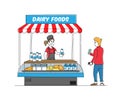 Saleswoman Character Sell Dairy Food Assortment in Kiosk. Customer Buying Milky Products in Supermarket or Farm Market